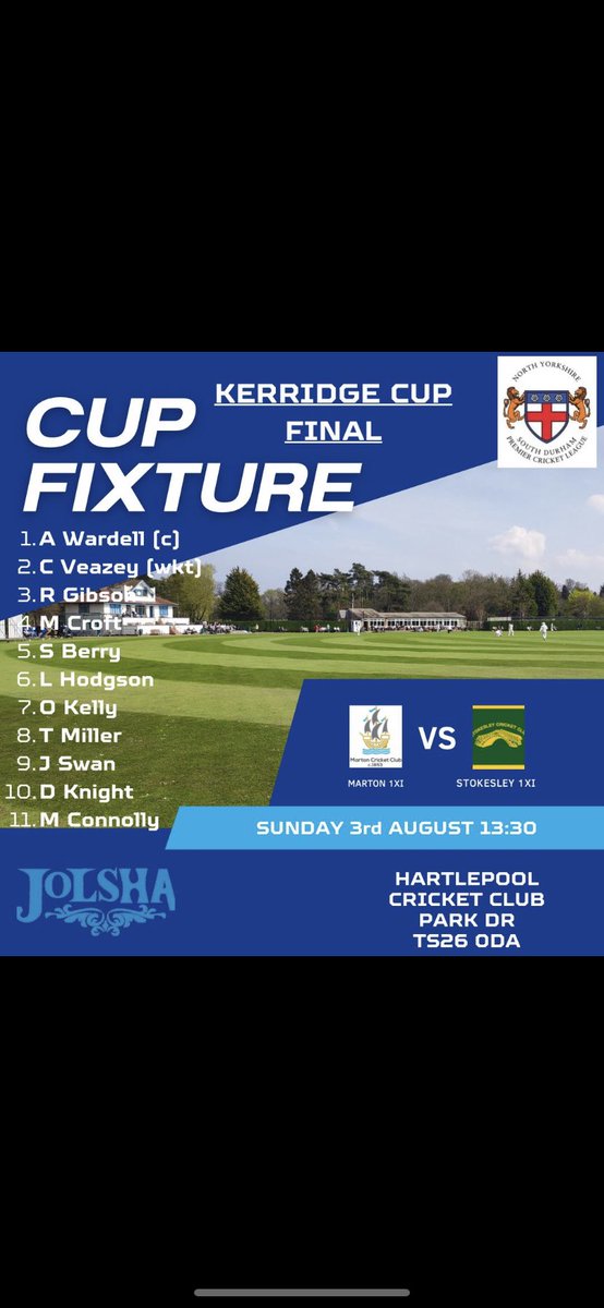 🏏Kerridge Cup Final Day🏏

Our 1st XI travel to <a href="/HPoolCC/">Hartlepool CC</a> to take on <a href="/CcStokesley/">@stokesley_cc</a> in the Kerridge cup final. Great effort as a division 1 club to make the final, we go in as underdogs but will be giving it our all to bring the cup back #UTM