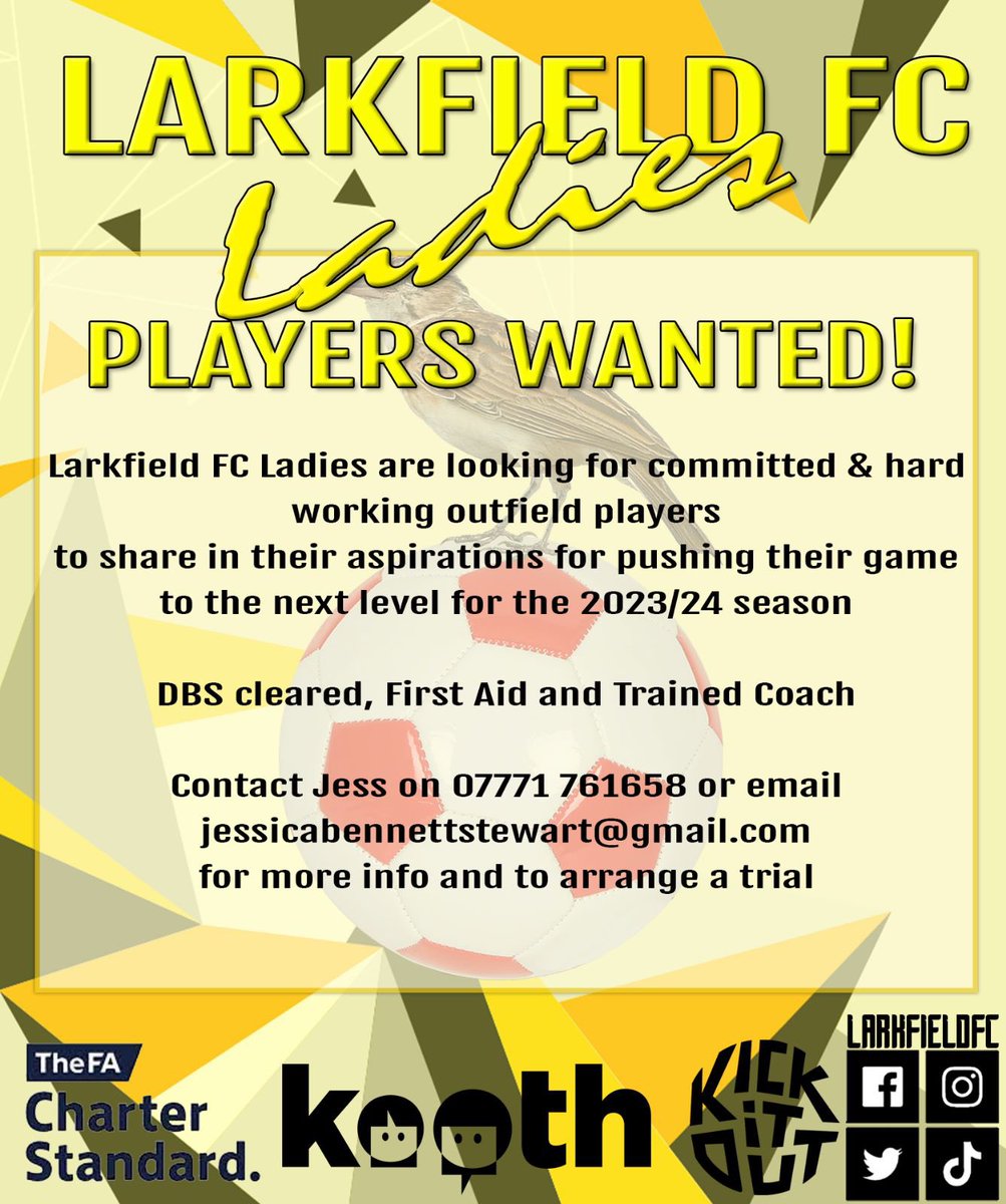 𝑷𝑳𝑨𝒀𝑬𝑹𝑺 𝑾𝑨𝑵𝑻𝑬𝑫!

Our Ladies team are looking for a few more players to join their squad for the coming season.

If you are interested , then contact details are on the poster - drop us a message 🟡⚫️

#proudcommunityclub