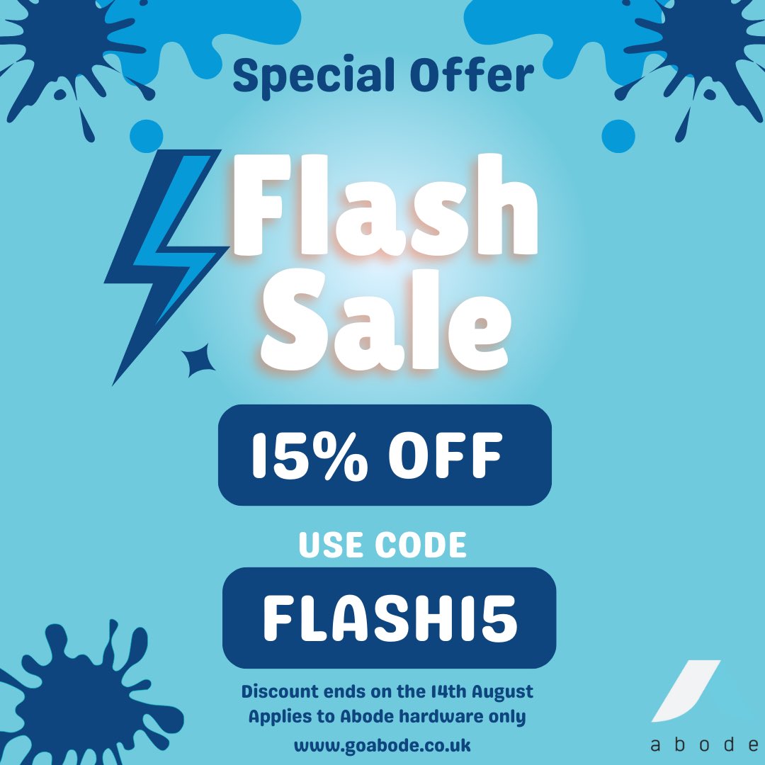 Flash Sale! Use code FLASH15 at checkout for 15% off all Abode hardware. Ends tomorrow! goabode.co.uk #homesecurity #homeautomation #smartsecurity #applehomekit #flashsale