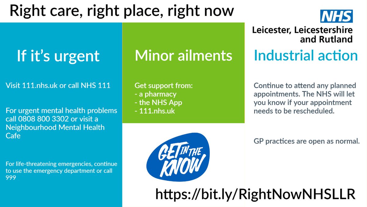 Continue to attend any booked medical appointments during the junior doctors’ strike this month. The NHS will let you know if your appointment needs to be cancelled.

#GetInTheKnow #LLR