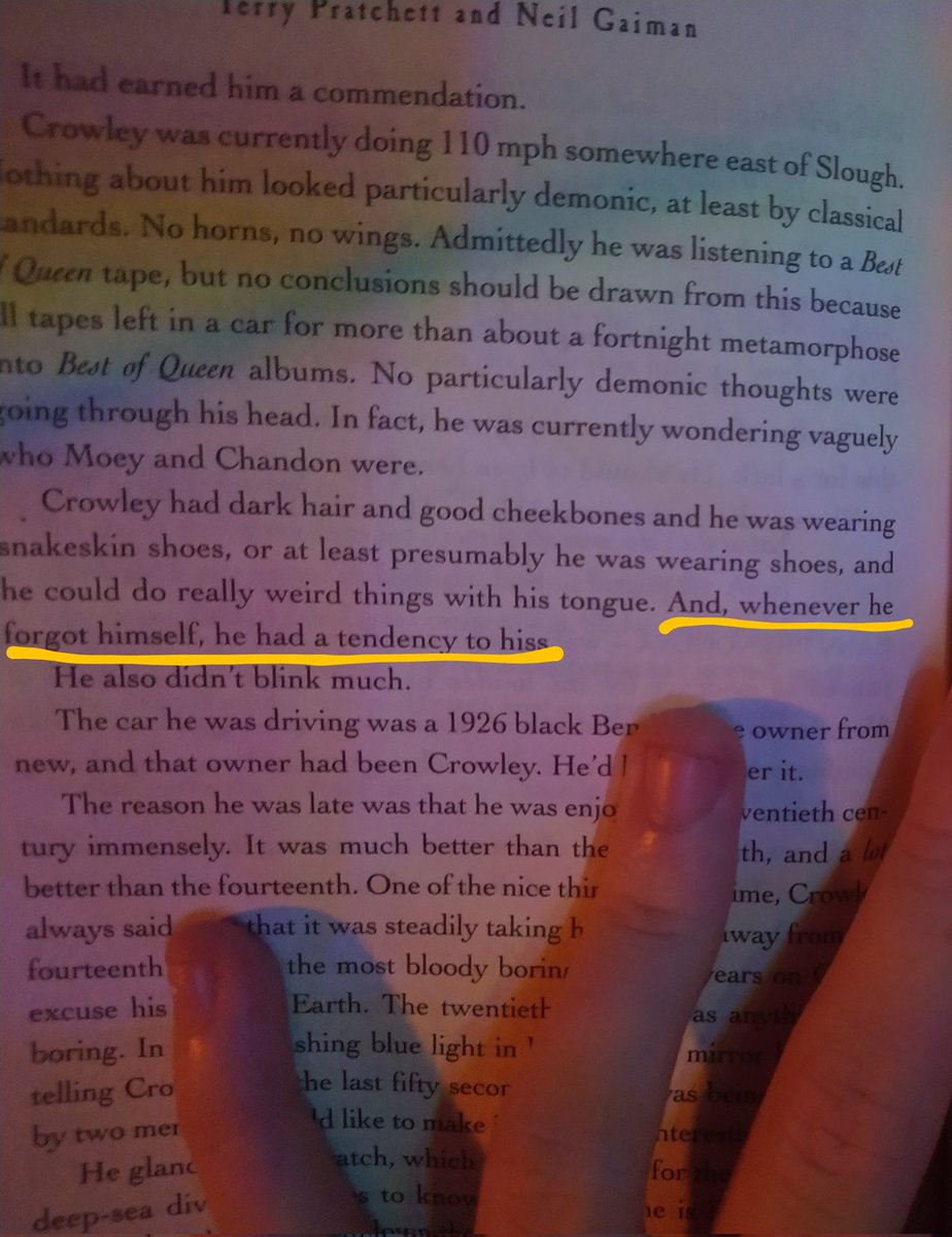 IM DYING /POS
VINCENT GOT ME THE GOOD OMENS BOOK AND I JUST STARTED READING IT
AND LIKE
YOU KNOW HOW SO MANY PPL HC THAT CROWLEY HISSES AT PEOPLE??? 
ITS CANNON LMAO

.•°[ #GOODOMENS #CROWLEY #HELPLMAO ]°•.