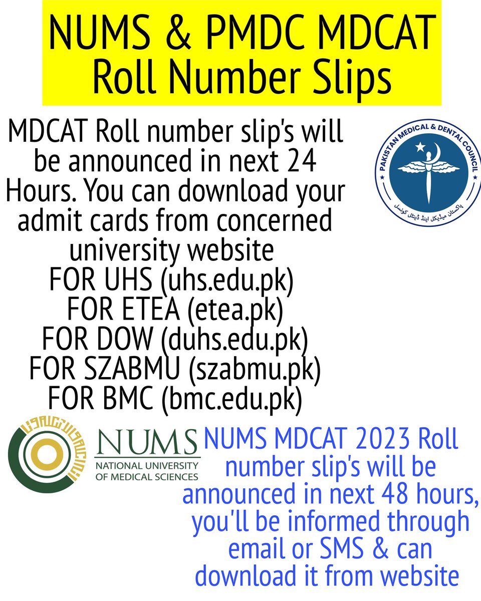 NumsPmc's tweet photo. ✔️ #NUMS & #PMDC Roll No. Slips
#PMDC_MDCAT_2023 #NUMS2023
👉 MDCAT Guidebook:- Original past paper's and 10,000+ MCQs solved
Free Delivery 🚚 in 48 Hours only
Call/WhatsApp 0310-4468631
👉 MDCAT On-line Classes:-
Complete Preparation in 18 Days
#mdcatbooks #mdcatonlineclasses https://t.co/hhFlpwyPfI