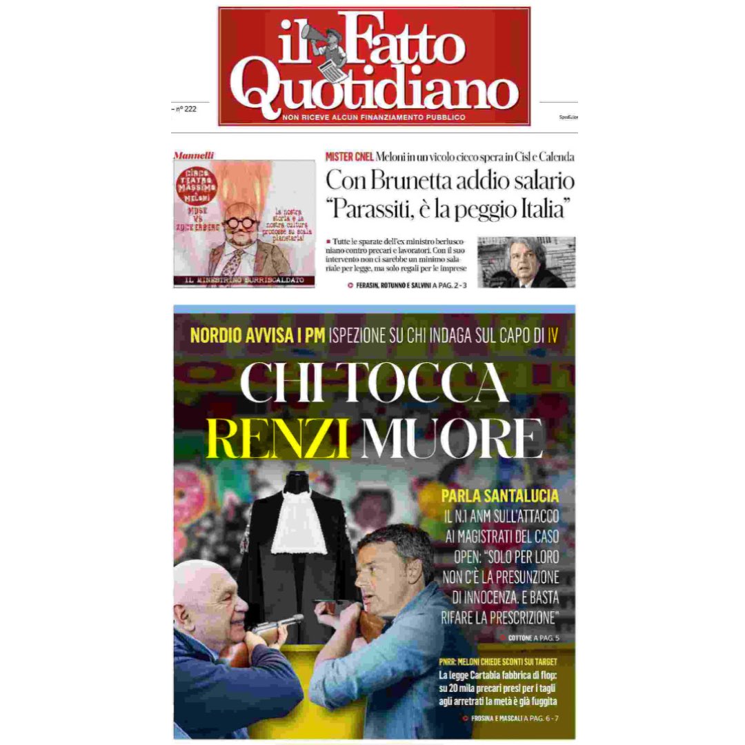 Questa è la prima pagina de “Il Fatto Quotidiano” di oggi. 
L’ennesima contro di me, il trionfo del giustizialismo e dell’aggressione ad personam. Perché? 

Chi ha letto Il Mostro conosce la storia.
Io sono stato oggetto di numerose indagini che si sono rivelate un flop ma