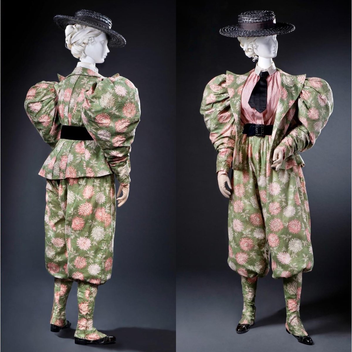 I have shared this before for its sheer wonderful-ness but what cheerier ensemble could better brighten a gloomy Sunday. At some point in the mid #1890s this bold belle whizzed around her neighbourhood cycling top to toe in chrysanthemum cotton <a href="/FIDMMuseum/">FIDM Museum</a> #fashionhistory