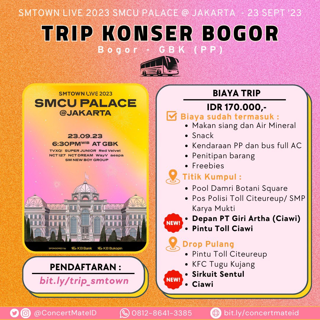 🚌 TRIP KONSER - SMTOWN 🚌
📢 kita ada titik baru di SENTUL dan CIAWI 📢

🔗bit.ly/trip_smtown

ada tukar tiket juga loh di
bit.ly/jasker_smtown

SMStan, NCTzens, Wayzenni, ELF, Reveluv, MY, Cassei, walopun gada groupnya tapi tetep kita panggil juga ni Shawol, EXOL,