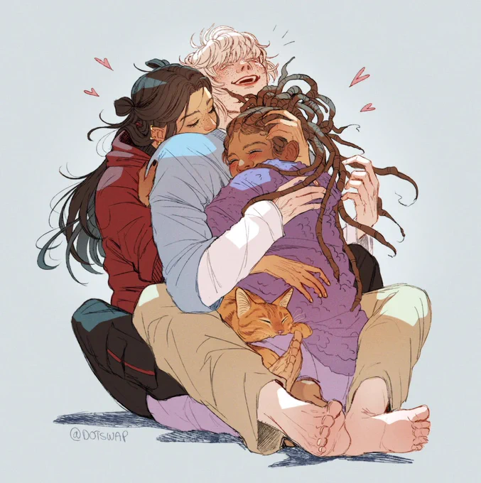 thinking about aiden, boris and cassidy (abc) today...  i showed a friend of mine the comic im working on and while its kinda unrelated to the plot, her main interest was how sweet these three's throuple relationship is 💙❤️💜🥹