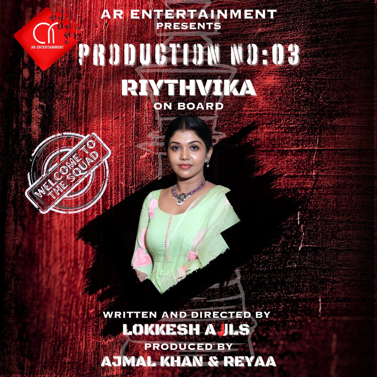 Actress @Riythvika on board for #AREntertainment 's next ProductionNo3 Produced by #AjmalKhan & #Reyaa Directed by @lokeshajls @Naveenc212 @actressReyaa @abhiramiact @ActorDileepan @immancomposer @karthikisc @srikanth_nb @onlynikil