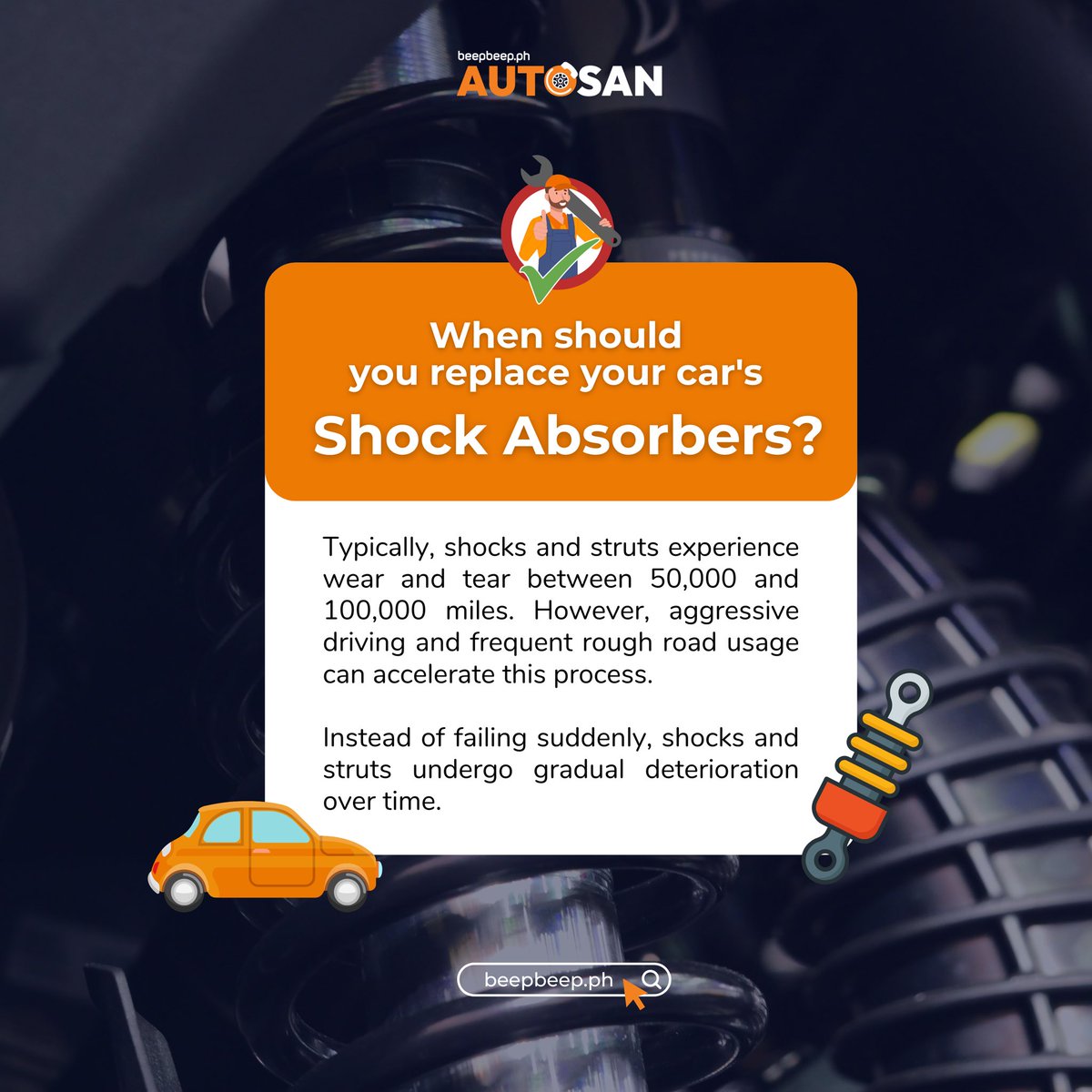 usebeepbeep's tweet image. Kailan mo ba dapat palitan ang 
shock absorber ng iyong sasakyan? 🤔

Shocks and struts gradually deteriorate over time, kaya maging responsable sa maintenance. Bisitahin ang 
Maintenance Valet at beepbeep.ph para sa worry-free driving experience! 

#AutoSan #Beepbeep