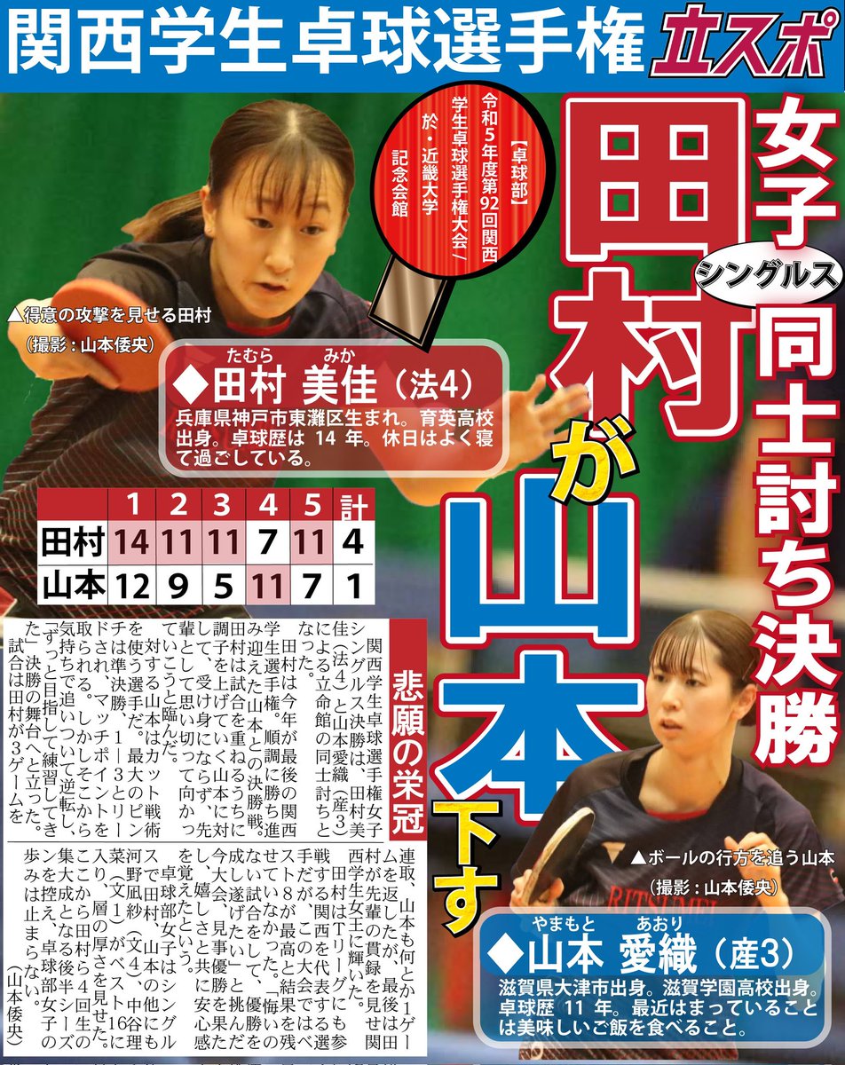 RitsumeiSports's tweet photo. 【夏休み号外企画】
立命館スポーツの上半期を一気に振り返りましょう！

今回は、【卓球部】です！

第６回
【関西学生卓球選手権　女子シングルス同士討ち決勝　田村が山本下す】

#瞬間を切り抜け
#OneforR
#夏休み前企画
#立命スポーツ編集局
#立命館
#立スポ
#卓球部 
#女子卓球 https://t.co/WSSlCO5RKN