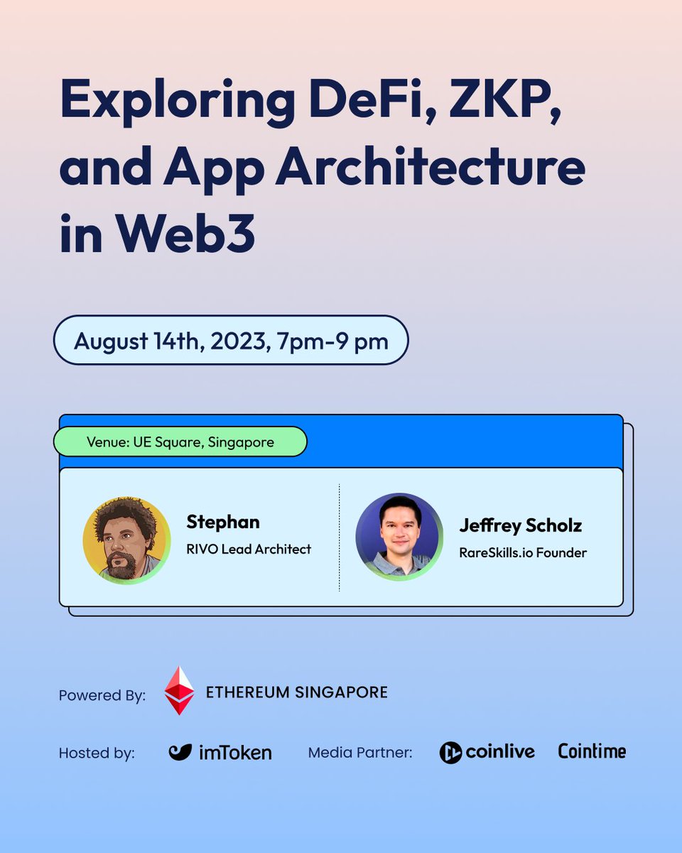 You're Invited🙌
Our Singapore meetup Exploring DeFi, ZKP, and App Architecture in Web3 will be livestream on imToken Youtube!

📅 14th Aug, 7 pm SGT

Subscribe, follow, ask questions, and win imToken swag👕
➡️<a href="/imTokenOfficial/">imToken</a>
➡️youtube.com/live/6qqbRc7Zj…

💪Powered by <a href="/ethereum_sg/">Ethereum Singapore</a>