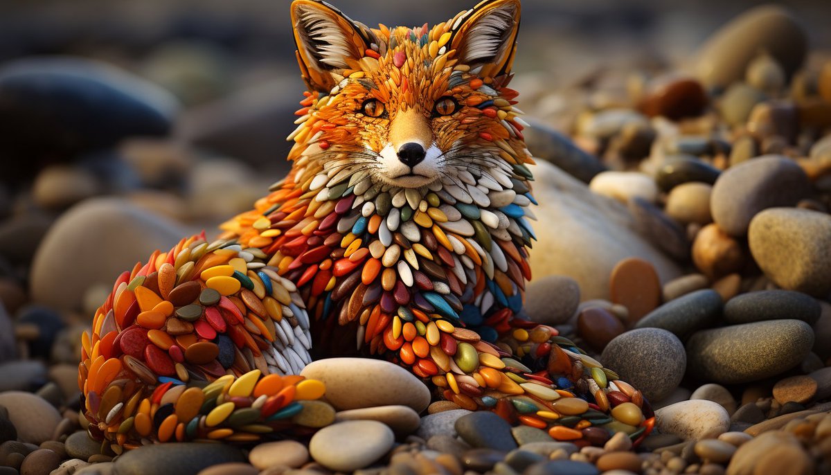Krkavec_AI's tweet photo. Midjourney 5.2 - Prompt 35. den - Oblázková zvířata  

Prompt : a {animal} made of colorful pebbles on the beach, highly detailed --ar 7:4 --v 5.2

Prompt v ALT 🐦‍⬛ https://t.co/JdSHMtMSUU