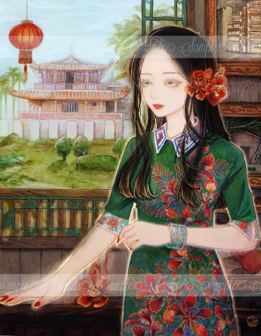 台南をモデルとした人物画を描かせて頂きました 台南のシンボルである「鳳凰木の花」「赤崁楼」をメインに、「林百貨店」「安平樹屋」「芒果」の雰囲気も取り入れています。 (3枚目は画質で潰れてしまったため部分拡大図)