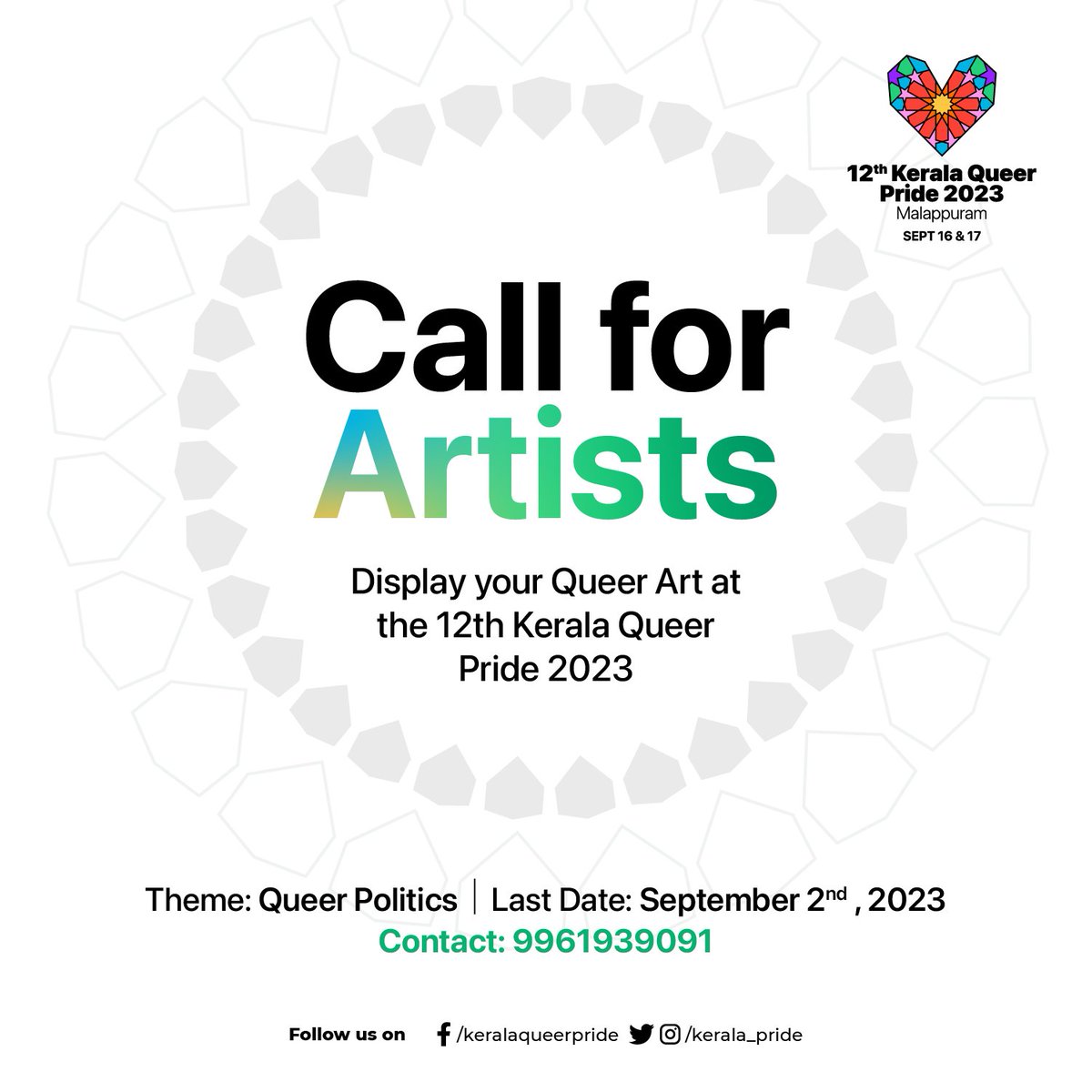 kerala_pride's tweet photo. Call for Artists!
Display your Queer Art at the 12th Kerala Queer Pride 2023.
Theme: Queer Politics, Last Date: September 2. For more information Contact: 9961939091
💜🌈

(1/2) https://t.co/8YTZhS6iNC