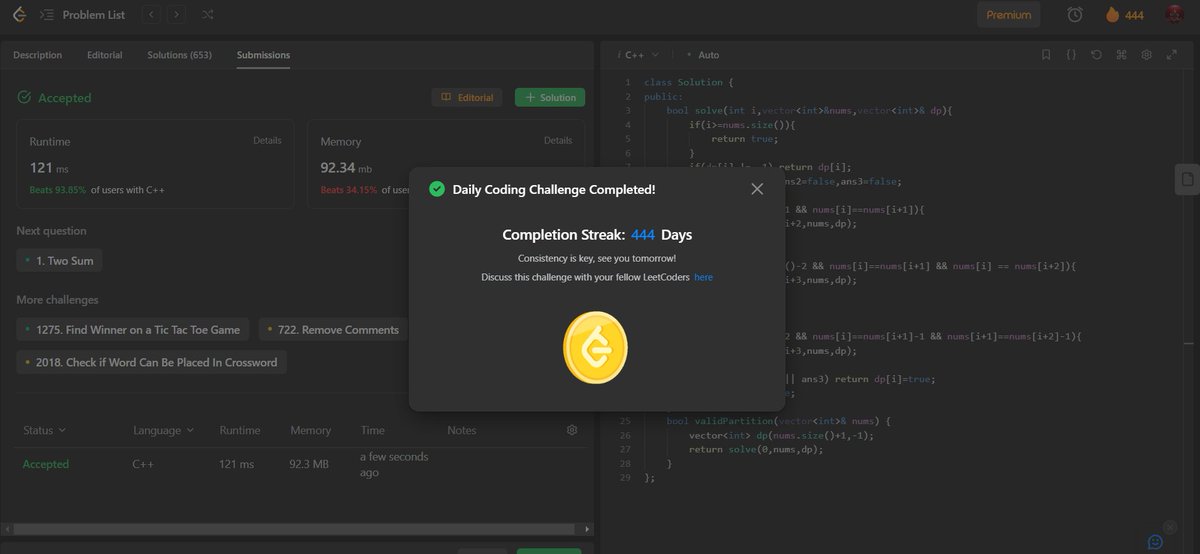 ayush_patel_78's tweet image. Day :  444

Leetcode daily challenge completed. 
#100DaysOfCode #365DaysofCode #500DaysofCode