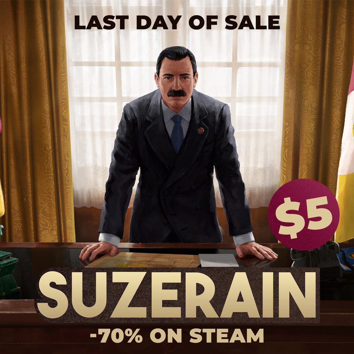 FlagmakerPrint's tweet photo. Today is the last day Suzerain's -70% release sale on Steam, so I am sending some love to our sponsor. That's a nine-star rated game for only $5! Visit Suzerain on Steam to purchase or wishlist the game: https://t.co/TwT765miWZ https://t.co/NnJXCZNoBr