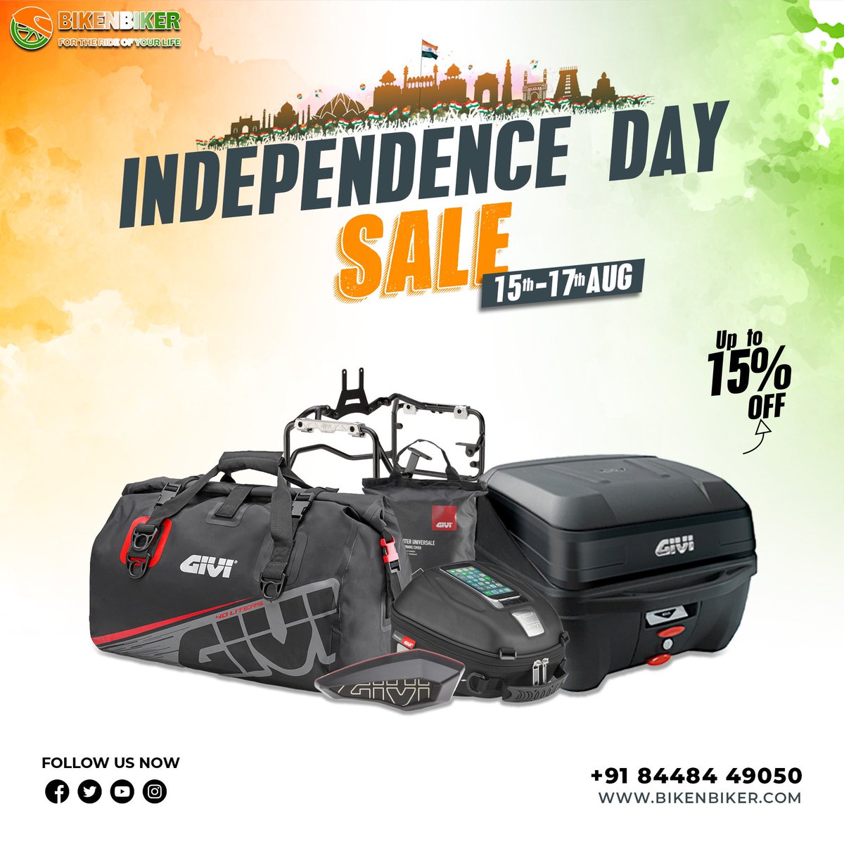 Bikenbiker's tweet photo. The sale that you all waited for! Upto 15% off on all Givi products! Hurry up folks! You can order them online on https://t.co/0rFynxpVsy or walk into either of our stores in Bangalore or Chennai! 

Happy shopping!

#bikenbiker #independencedaysale #bangalore #chennai https://t.co/TbwKF3NAHD
