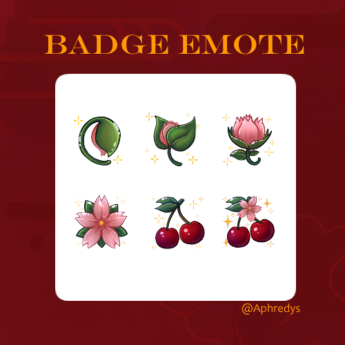 Aphredys's tweet photo. En retard ? Moi ? Naaaaan. Par contre j'ai fais 6 emotes de badge pour twitch, ça compense un peu ? 🌸🍒

RT pour me soutenir ❤️

#Twitchfr #Streameur #emoteartist #badge https://t.co/APghaBYfF4