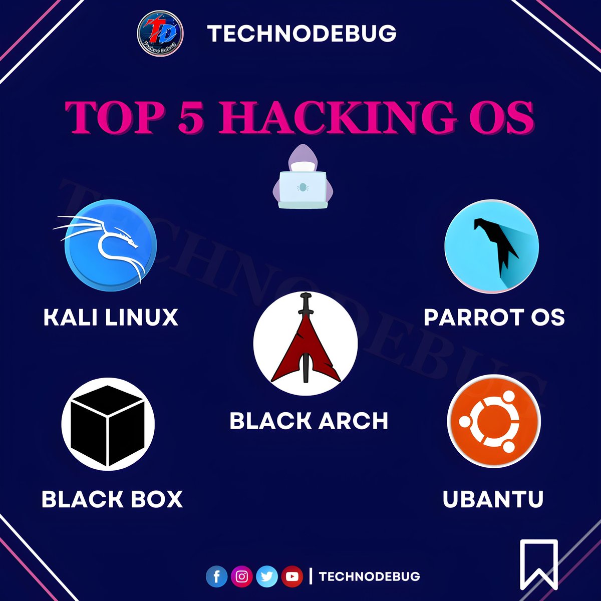 TechnoDebug's tweet image. Top 5 Best H@cking OS
.
.
.
.
#technodebug #TwitterX
#kalilinux #ubantu #parrotos
#follow #TrendingHot
