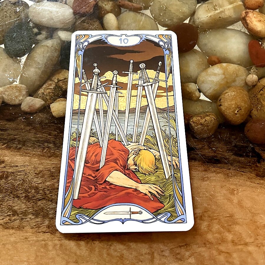 fenice's tweet photo. Reflect on the 10 of Swords tarot arcana. How does having a sharp mind both empower and potentially betray you? #TarotReflection #SelfDiscovery https://t.co/hAxHJNVVUf
