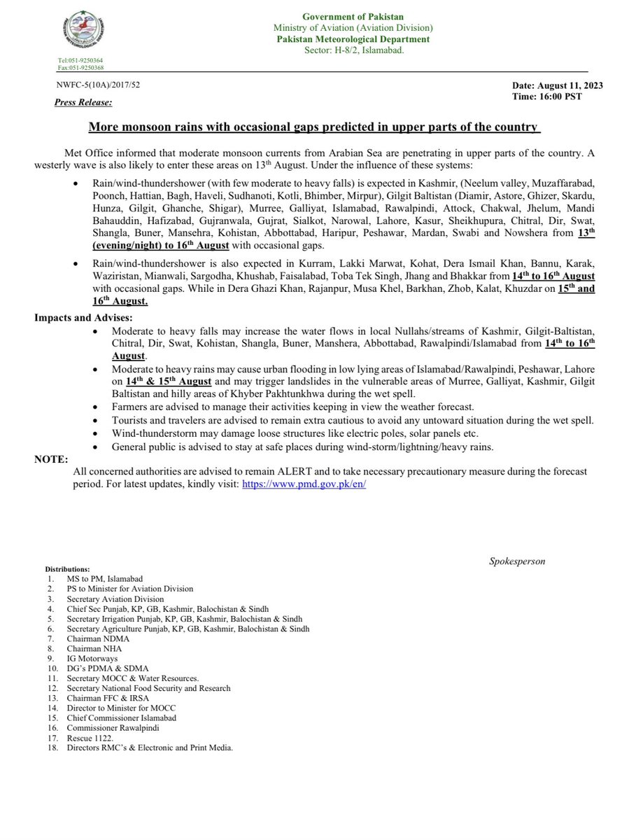 Met Office informed that moderate monsoon currents from Arabian Sea are penetrating in upper parts of the country. A westerly wave is also likely to enter these areas on 13th August. #Monsoon2023