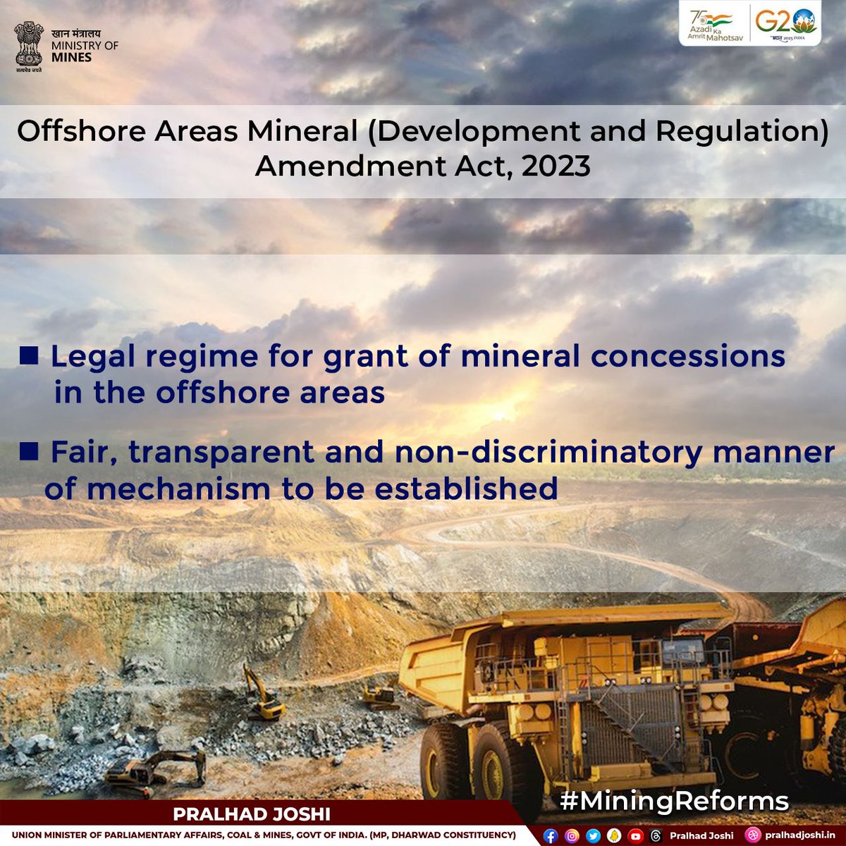 JoshiPralhad's tweet image. OAMDR Amendment Act 2023 will help us move towards an auction-only regime for grant of production lease for offshore minerals. These minerals include heavy metal placers, lime mud, phosphorite, Polymetallic Fe-Mn nodules and crusts, etc.
#MiningReforms #AatmaNirbharBharat