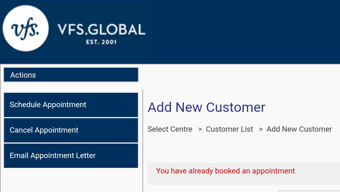 Yas_ser_1's tweet photo. Hello @vfsglobalcare 
Can you please support, when trying to book an appointment it says i already have one, when trying to cancel it it says it's already cancelled, this has been going on for days, thanks https://t.co/8GFU5hFvD0