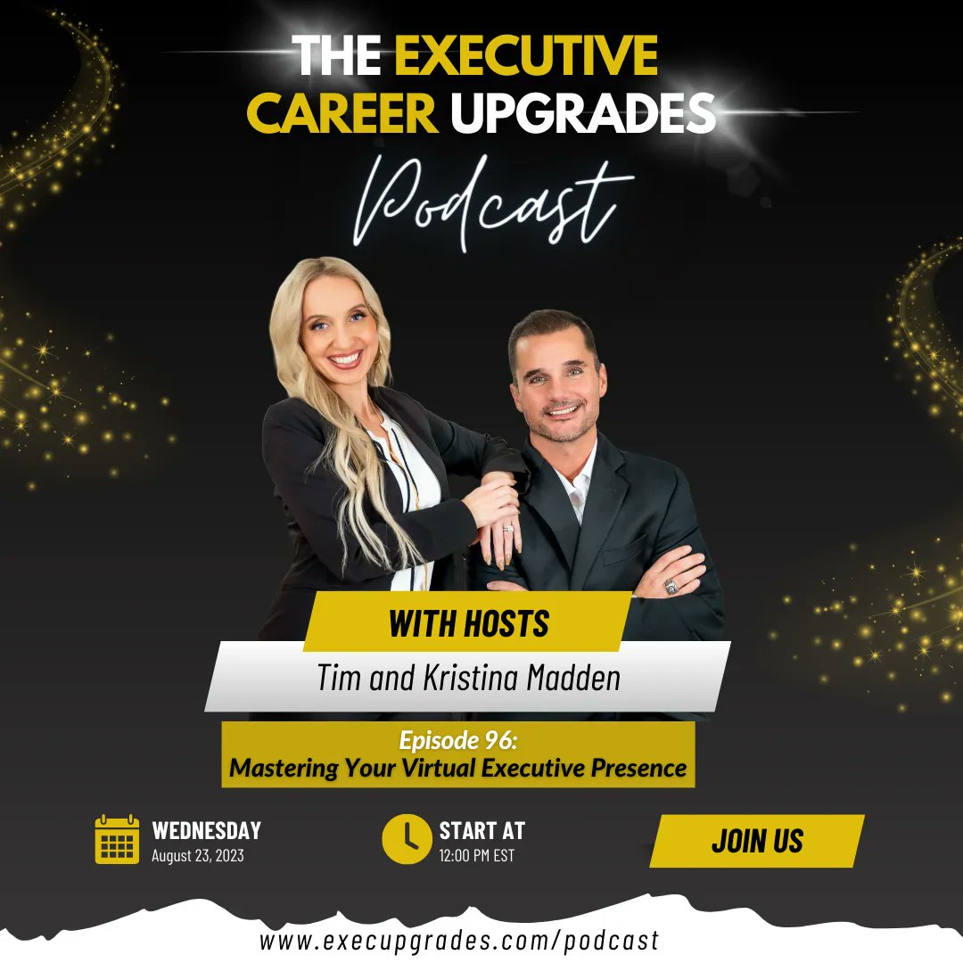 Navigate the virtual world with authority! Join Tim & Kristina Madden on the Executive Career Upgrades Podcast 🎙️ Ep. 96: 'Mastering Your Virtual Executive Presence'. Tune in Aug 23, 12 PM ET. Boost your digital influence! 🎥 YouTube: @TimMaddenExecUpgrades 🔗 #VirtualLeadership