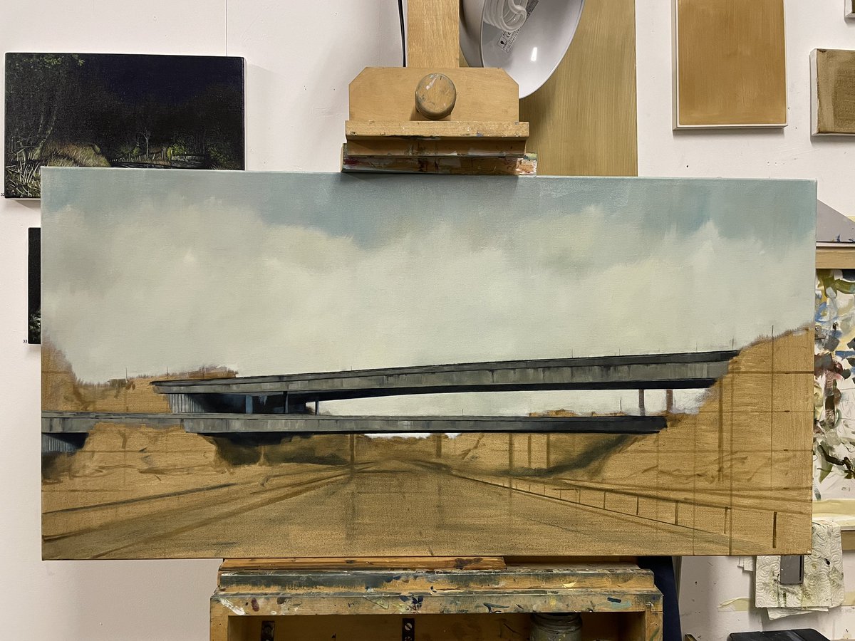 JenOrpinPainter's tweet photo. Some WIP pics of a big painting I made for my show back in March. I love getting into the detail but it was really nice to stand up and get the bigger brushes out. 
M5 Stack
Oil on canvas 
100 x50cm
#painting #art #m5 #WIP #WomensArt #motorway #driving https://t.co/l4rR0OtYWO