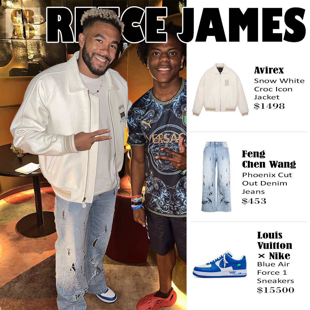 OfcaroStyle's tweet photo. Reece James wearing :
.
.
. @avirex_us Snow White Croc Icon Jacket ($1498)
.
. @fengchenwang Phoenix Cut Out Denim Jeans ($453) 
.
. @louisvuitton × @nike Blue Air Force 1 Sneakers ($15500)
.
.
#reecejames #avirex #avirexjacket #fengchenwang #denimjeans #jeans #louisvuitton #nike https://t.co/2rgL9C04wX