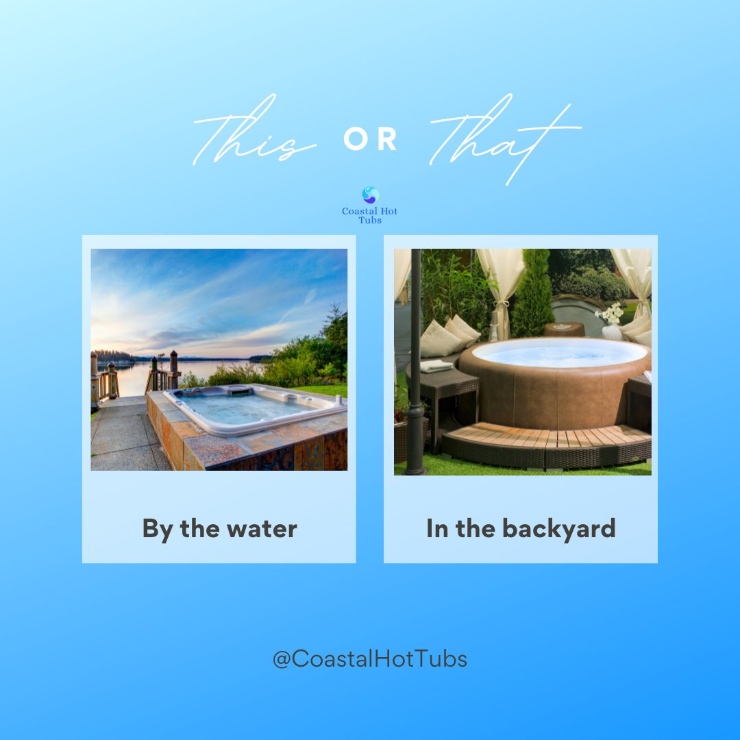 Drop a comment and let us know which hot tub experience you would prefer: One near the water or one in a backyard oasis.

At Coastal Hot Tubs, we have the largest selection of hot tubs and home spas to turn your dream into a reality.

#OutdoorRetreat
#BackyardEscape
