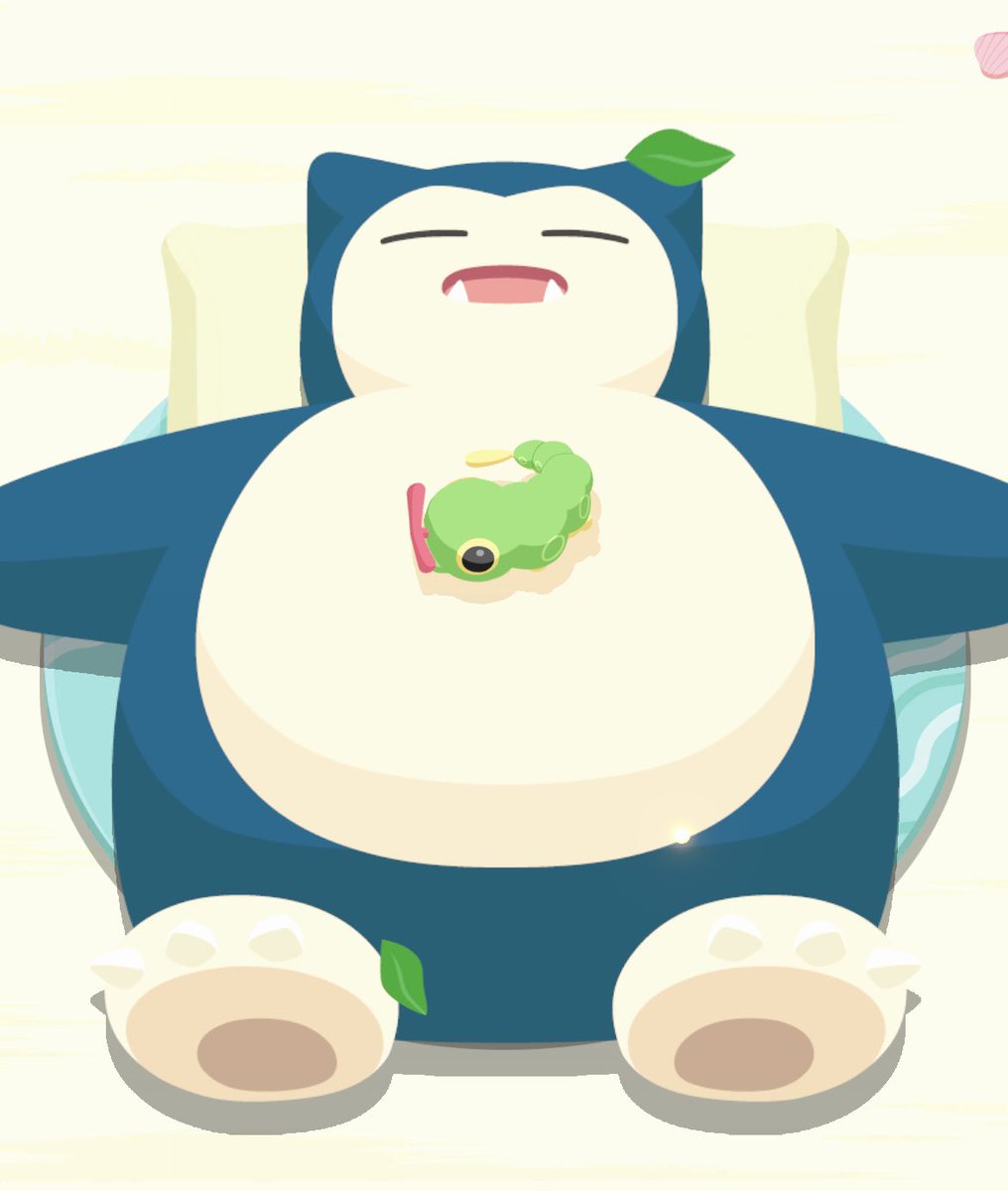 huskapet's tweet image. small caterpie sleeping asleep on snorlax round tummy restful tiny #curled up resting