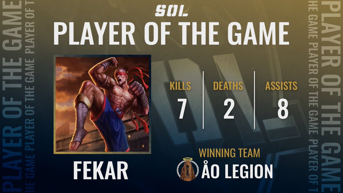 🌟 PLAYER OF THE GAME🌟
Första omgången för #ÅOLegion slutar med en vinst mot <a href="/DMGesportsSE/">DMG Sweden</a> i Division 1🏆

Ni röstade i twitchchatten och player of the game går till jungle: 
🏅 Fekar (<a href="/Gab_SWE/">Gab</a> )🏅

Nästa match börjar strax:
📺 twitch.tv/svenskaonlinel…
 ⚔ <a href="/ICE_Tigers_/">CD Tigers</a>  🆚