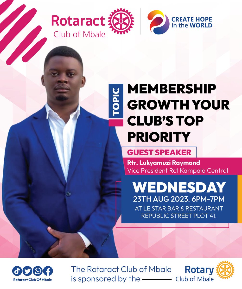 MbaleRotaract's tweet photo. π Join us this Wed for an inspiring fellowship hosted by the Rotaract Club of Mbale! π€π± Discover the secrets to boosting membership growth with guest speaker Rtr. Lukyamuzi Raymond, VP of Rct Kampala Central. π£οΈπ #RotaractMbale #MembershipGrowth https://t.co/B9Jb29W1BE