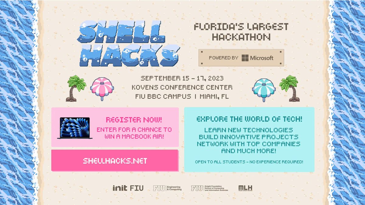 MLHacks's tweet photo. Florida's Largest Hackathon, #ShellHacks is back from Sept 15-17 at @initfiu in Miami, FL! It's the ultimate tech event filled with creativity and fun. Students and recent grads,this is your chance to showcase skills, network, learn and win! Apply today ➡️ https://t.co/C8dhBJYqE3 https://t.co/QwoQII1NKG