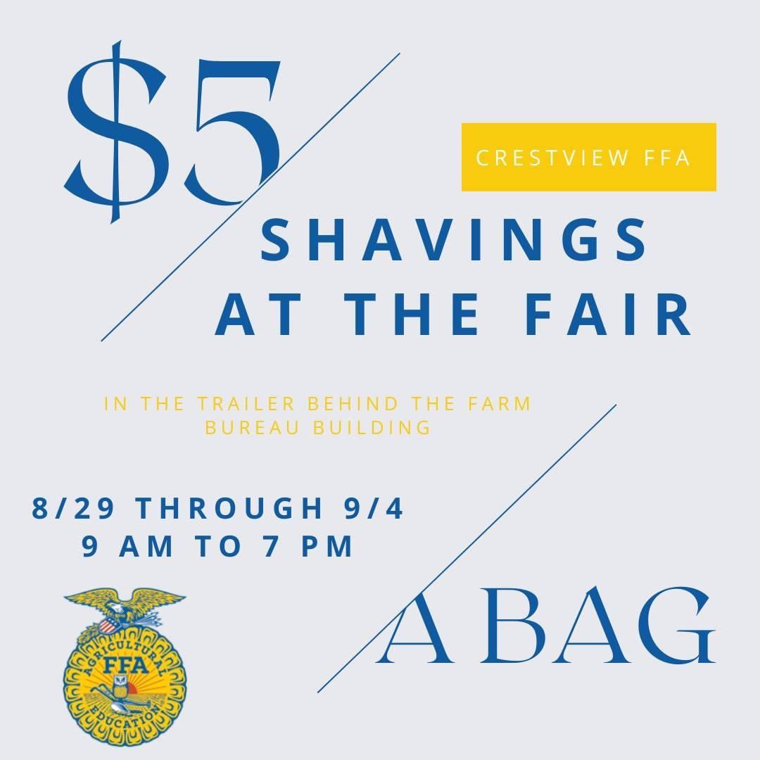 FFAcrestview's tweet photo. The Crestview FFA will be selling shavings again this year at the fair!
For more information check out our Facebook page. https://t.co/79iPu8LP6S