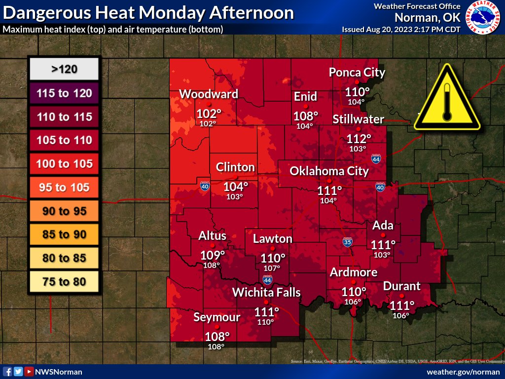 NWSNorman's tweet photo. Unfortunately, it looks like Monday will be a repeat of today with dangerous heat and humidity. Stay safe. #okwx #texomawx https://t.co/nO6wu0J4Ef