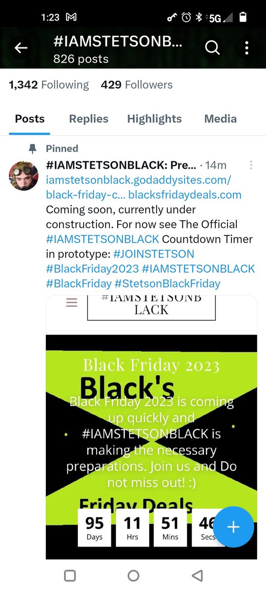 IAMStetsonBlack's tweet photo. https://t.co/o5JSCCXhxT https://t.co/x62wM0wVWF Coming soon, currently under construction. For now see The Official #IAMSTETSONBLACK Countdown Timer in prototype: #JOINSTETSON #BlackFriday2023 #IAMSTETSONBLACK #BlackFriday #StetsonBlackFriday. https://t.co/hYrLGoMTrT