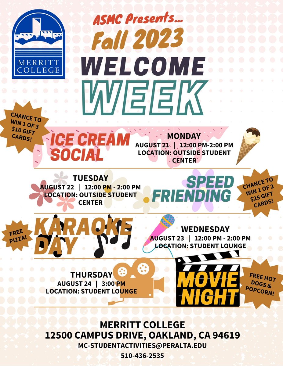 Join the FUN @MerrittCollege's WELCOME WEEK✨8/21 - 8/24 ~ Ice Cream Social 🍦 ~ Speed Friending 👥 ~ Karaoke 🎶 with Pizza🍕 ~ Movie Night 🍿 👀See you there