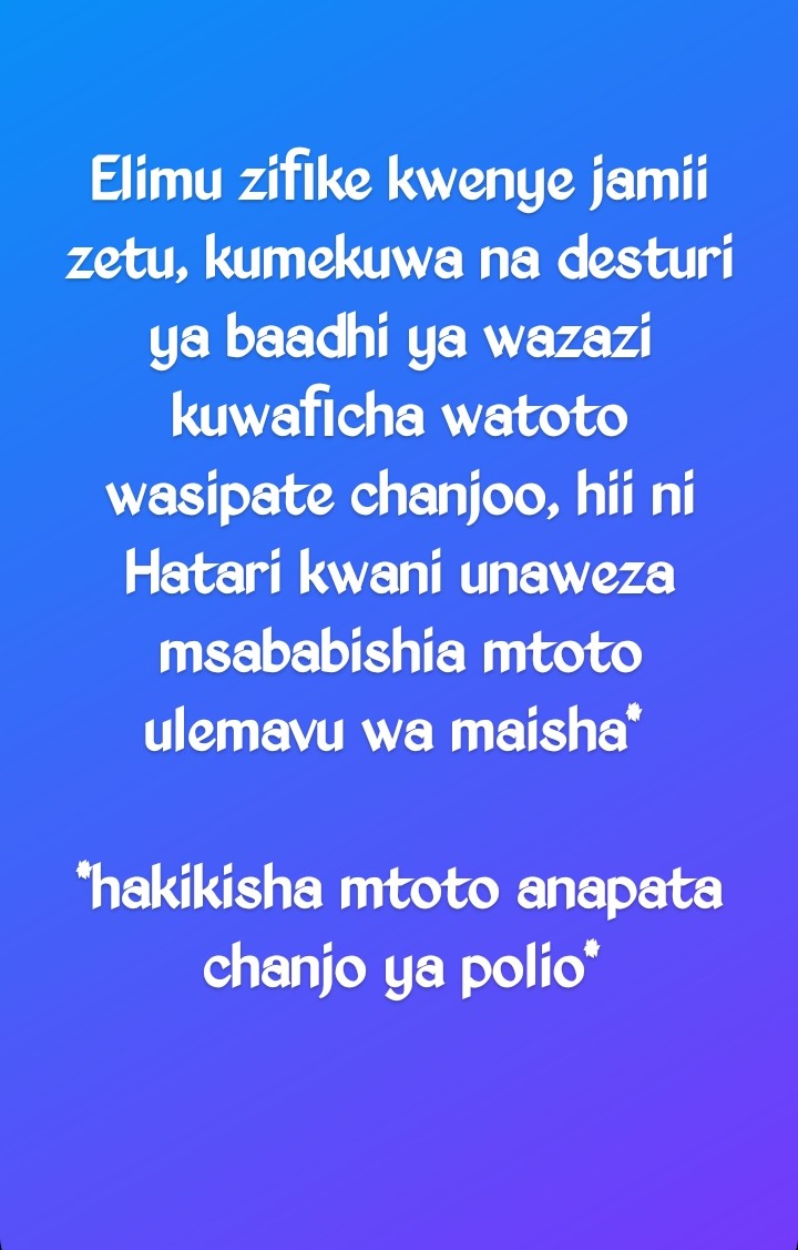 afyakiganjani's tweet photo. Muhimu sanaπ¨π¨π¨
Hakikisha mtoto anapata chanjo ya polio.
Achana na uzamani kwani ujanja wa mzazi ni kuwa na mwanae aliyepata chanjo ya polio.
#polio #chanjo #mtoto https://t.co/E7xJujFqXe