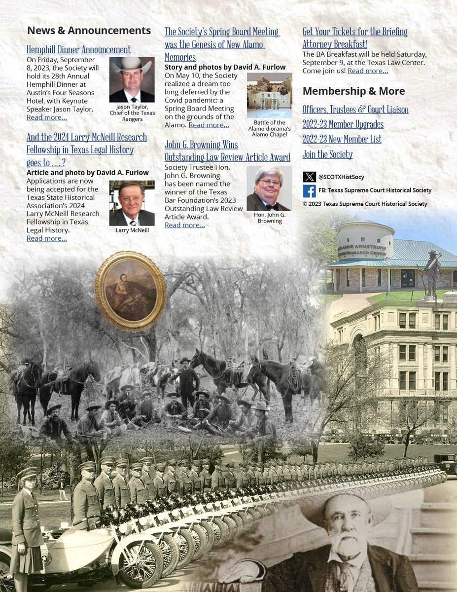 This summer our issue “Holding the Reins of Justice: 200 Years of the Texas Rangers” commemorates an important anniversary for our state’s most legendary lawmakers. Check it out: texascourthistory.org/Content/Newsle…