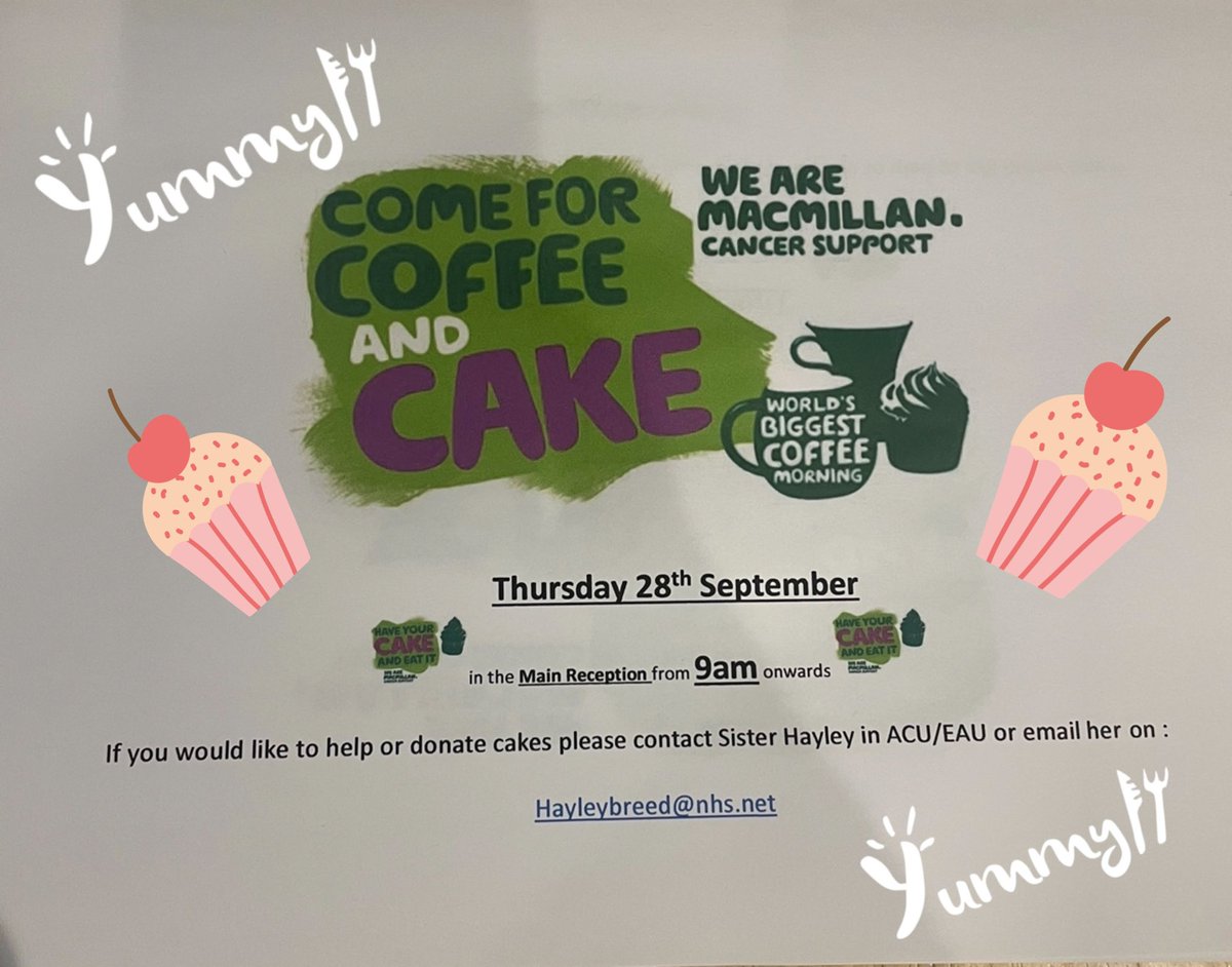 It’s BACK 🍰 🧁 🧁 It’s that time of year again! Anyone that wants to make cakes for the Macmillian Coffee Morning, Donate or volunteer please let me know. Last year we raised over £1,100 let’s try and beat that massive amount again!!!! 🧁