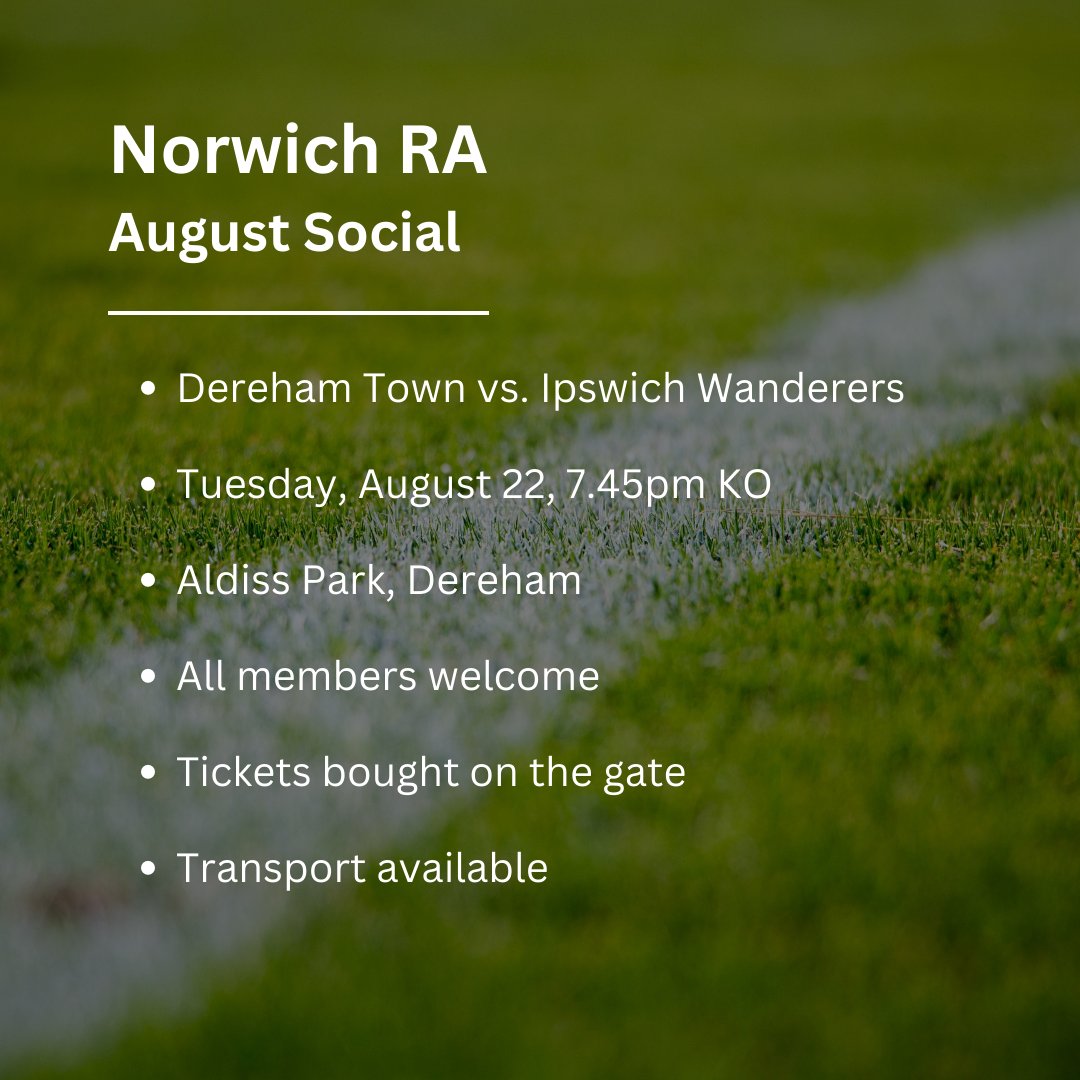A slight change to our first social evening of the season On Tuesday due to FA Cup commitments. Same place, same time, different opponents.

📅Tuesday August 22, 7.45pm 
⚽️<a href="/DerehamTown/">Dereham Town</a> vs <a href="/_IWFC/">Ipswich Wanderers FC</a> 
🎟️ On the gate

Transport is available - if needed, let us know!