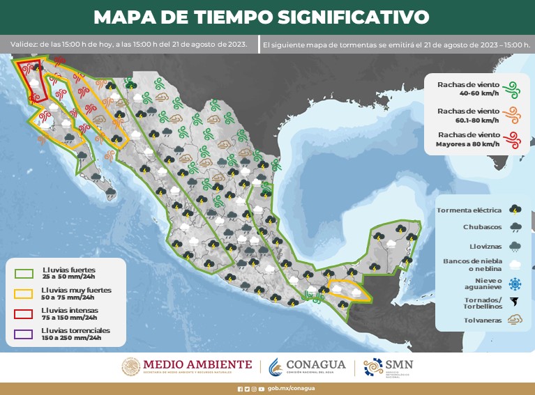 conagua_clima's tweet photo. Para las próximas 24 horas, se prevén #Lluvias de fuertes a intensas, #DescargasEléctricas y #Rachas de #Viento en diferentes regiones de #México. 

Los detalles aquí 👇 https://t.co/Q4sUAkofCb