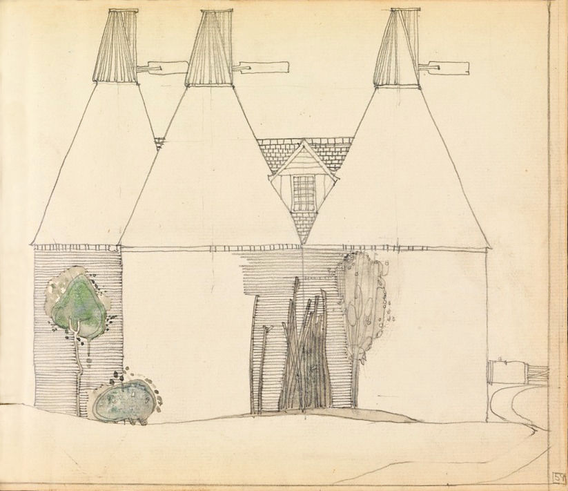 'Oast houses, Chiddingstone, Kent'. Charles Rennie Mackintosh 1910.
Image: Hunterian