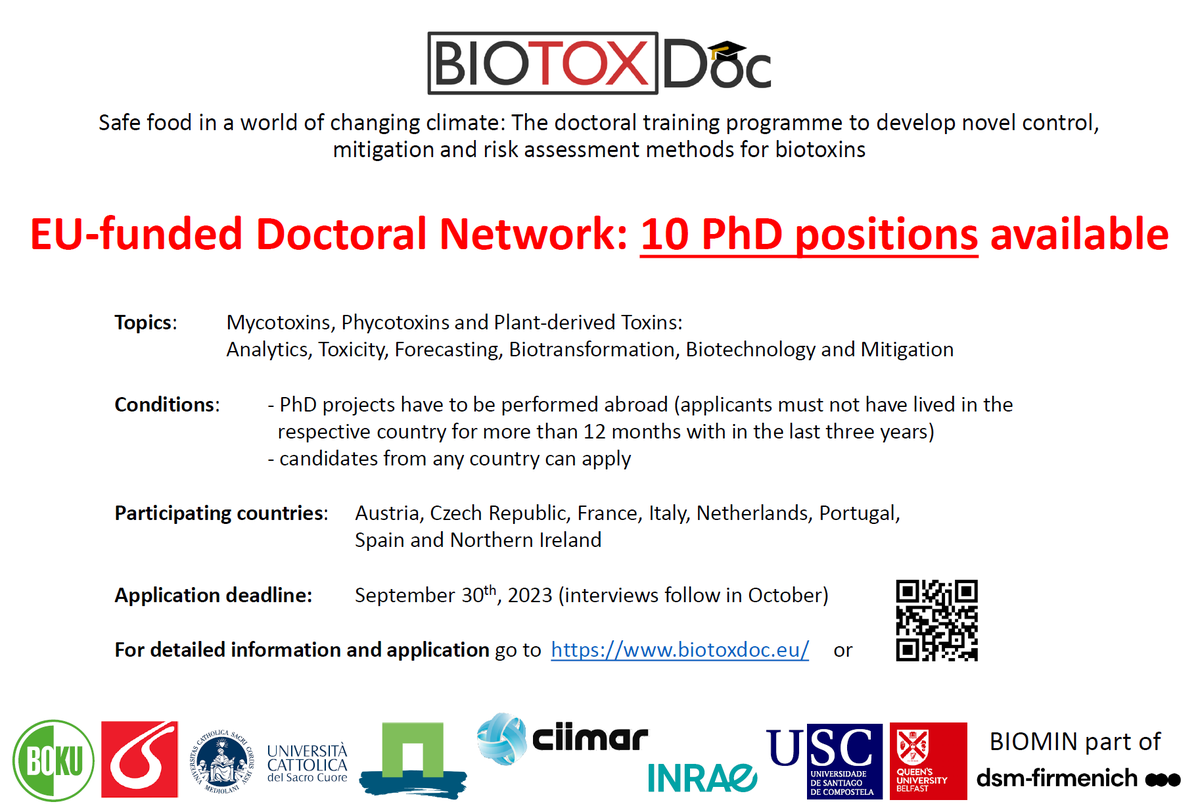 10 #PhD positions available in our EU-funded Doctoral Training Network BioToxDoc to develop novel control, mitigation &amp; risk assessment methods for #biotoxins in view of #climate change
findaphd.com/phds/program/1… 
<a href="/BOKUvienna/">BOKU University</a> 
<a href="/QUBIGFS/">IGFS</a>