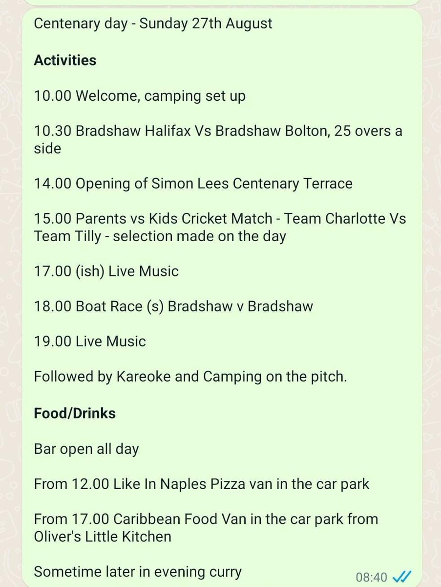 Bradshaw CC (@bradshawcc) on Twitter photo 1๏ธโฃ WEEK TO GO!
One week until our Bradshaw v <a href="/BradshawCricket/">Bradshaw CC</a> centenary celebrations day! Here is a brief overview of the day!
We hope to see you there! ๐๐ปโบ๏ธ 1๏ธโฃ WEEK TO GO!
One week until our Bradshaw v <a href="/BradshawCricket/">Bradshaw CC</a> centenary celebrations day! Here is a brief overview of the day!
We hope to see you there! ๐๐ปโบ๏ธ