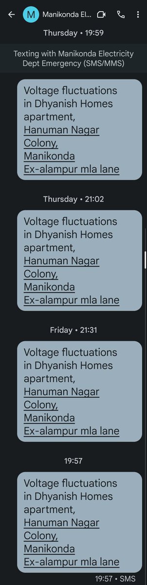 it_manikonda's tweet photo. @ManikondaMc @KTRBRS @ManaManikonda 

Pls help as we are facing voltage fluctuations since 1 week and the electricity department is not addressing the issue.
Calling the emergency number +91 94931 93119 and texting them continuously on the issue. No concrete action taken till now https://t.co/L59vfrlFrU