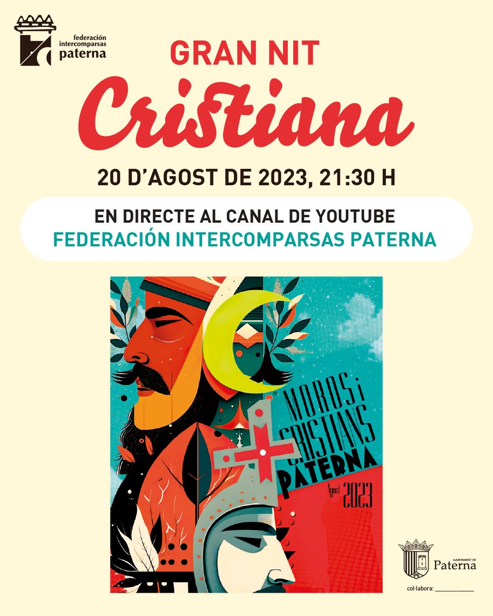 Intercomparsas's tweet image. Llega el desfile de la Gran Noche Cristiana a #Paterna!
Si no puedes disfrutarla en vivo, síguela en directo en el canal de YouTube de la Federación Intercomparsas Paterna 👉 youtube.com/live/nN8kbLaCq…
Vive en directo la Gran Nit Cristiana a partir de las 22 h.
No te lo pierdas!