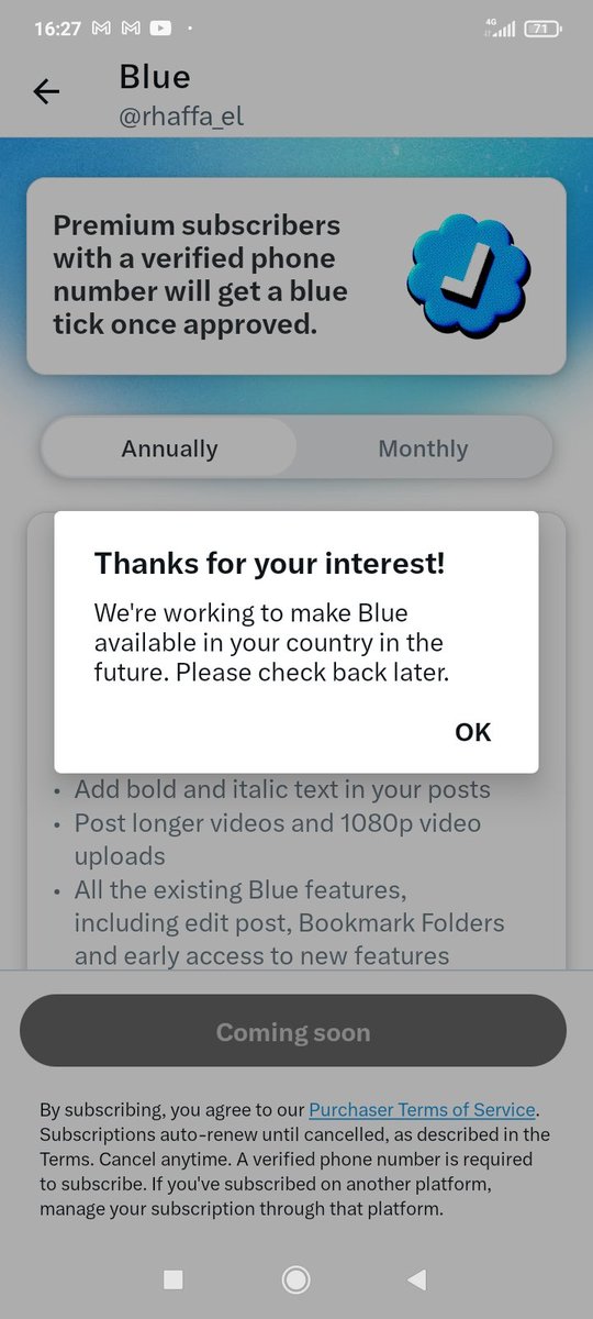 rhaffa_el's tweet photo. Hello @elonmusk!

I've been trying to subscribe for X BLUE but the message I'm getting is that it's not yet available in my country. What's that supposed to mean exactly? I don't like when simple things start looking like a mystery.

Kindly do something about it.

Thanks! https://t.co/ioS2AC00kO