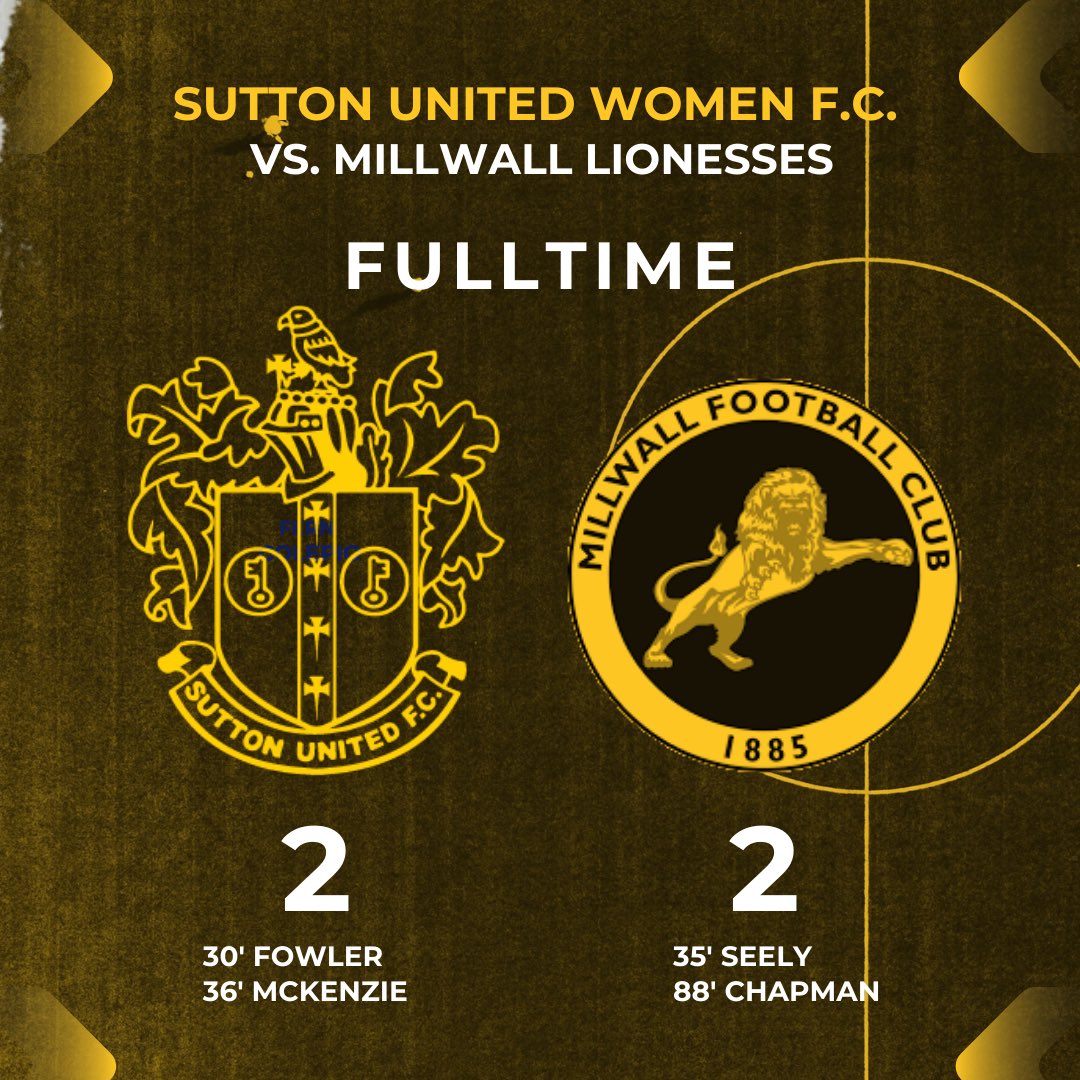 SuttonUtdWomen's tweet photo. FULLTIME
An entertaining game of football at the VBS Community Stadium this afternoon. Lots of impressive debut performances! 
1st League Point in the bag. We move. 💛🤎

💛 2-2 🔵 

#suttonutdwomen #MLFC https://t.co/xp8BQyj9Ty